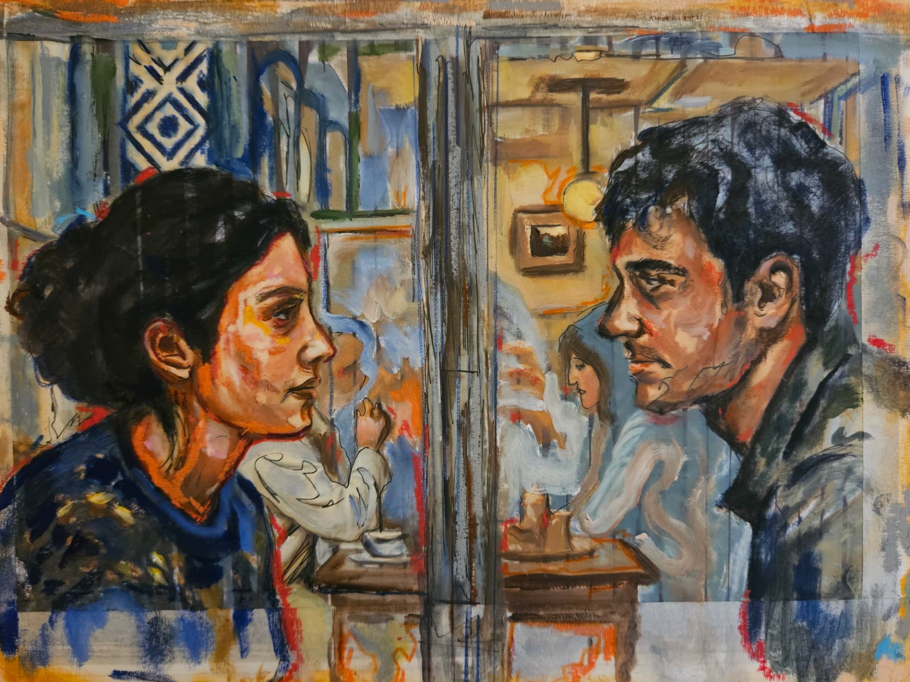 Due Chiacchiere — Oil, charcoal and pastel on canvas by Lama